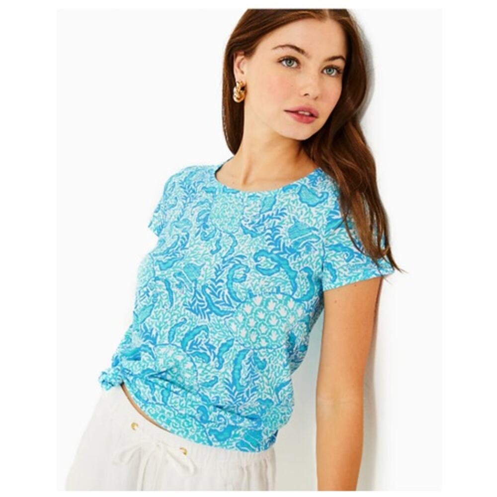 Lilly Pulitzer Etta Scoop Neck Top Womens XS Blue White Floral Short Sleeve Tee